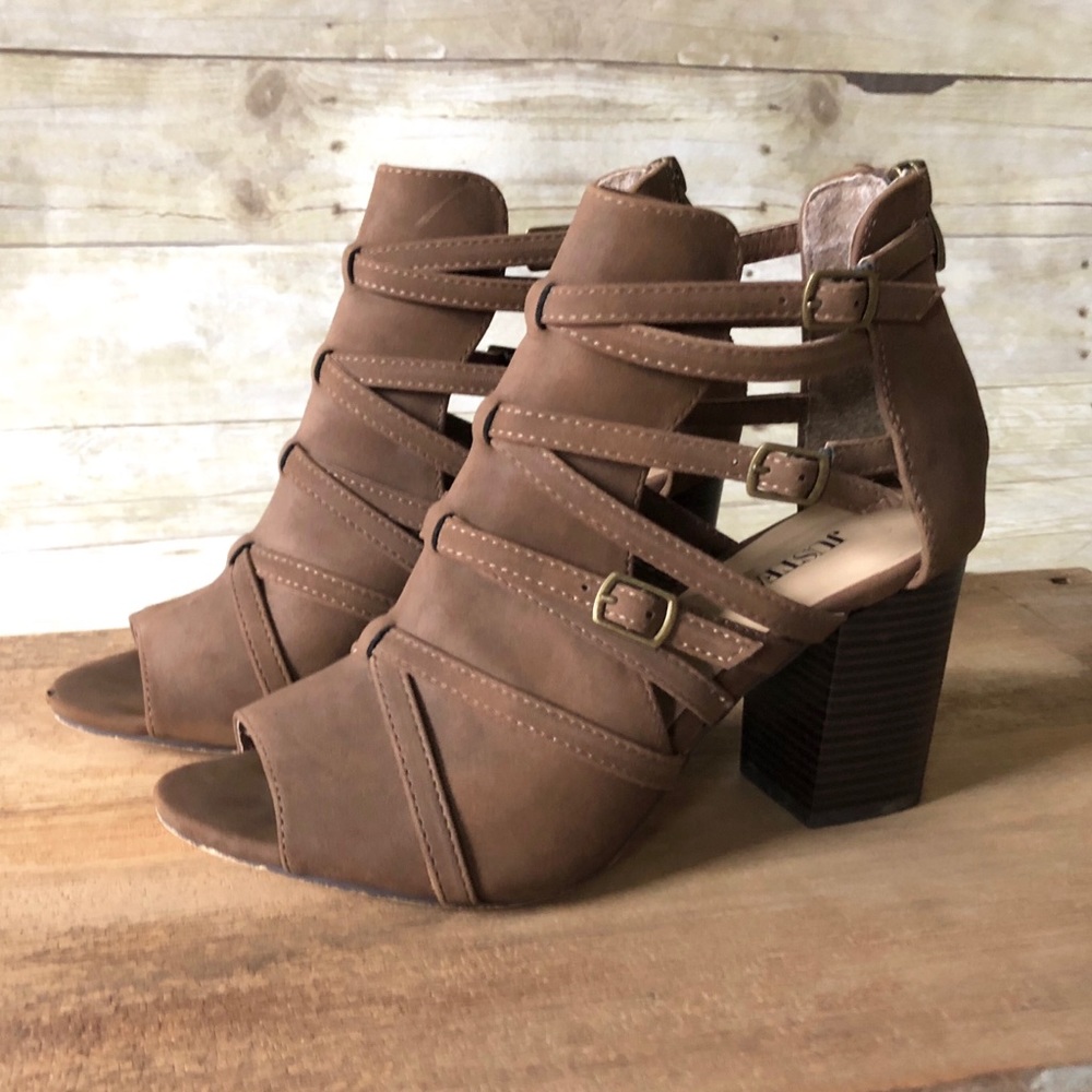 JustFab Open Toe Strappy Sueded Chunky Heels